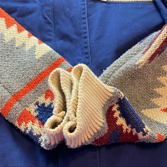 Quinn Military Style Jacket Blue W/Southwest Style Knit Sleeves Size Medium - Picture 10 of 13